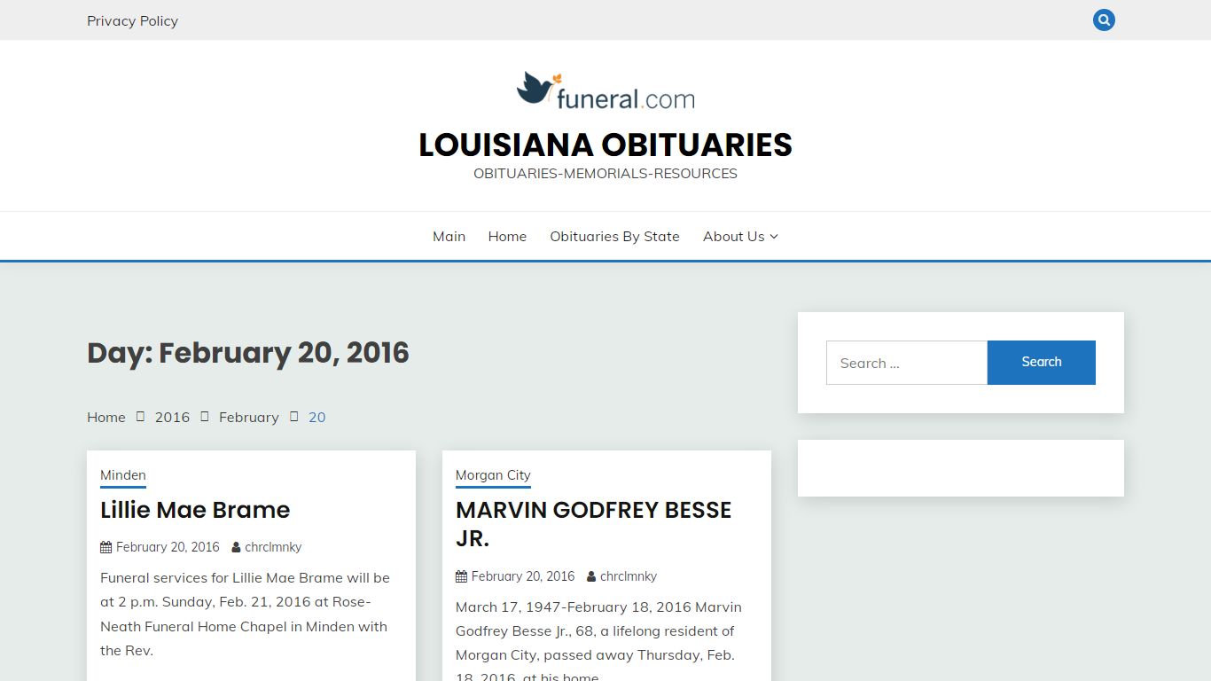 February 20, 2016 – Louisiana Obituaries